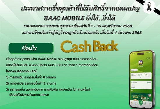 ประกาศรายชื่อลูกค้าที่ได้รับสิทธิ์เงินคืน (Cash Back) รอบพฤศจิกายน 2568