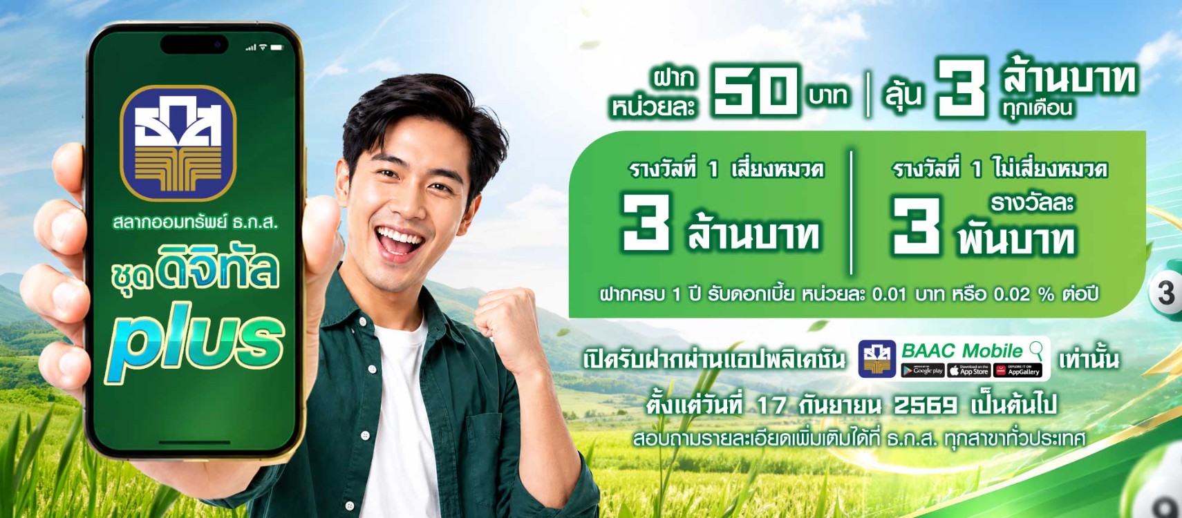 ธ.ก.ส. เปิดตัวสลากออมทรัพย์ ธ.ก.ส. ชุดดิจิทัล Plus ผ่าน Application BAAC Mobile ฝากง่าย เพียงหน่วยละ 50 บาท ลุ้นโชค มูลค่า 3 ล้านบาททุกเดือน