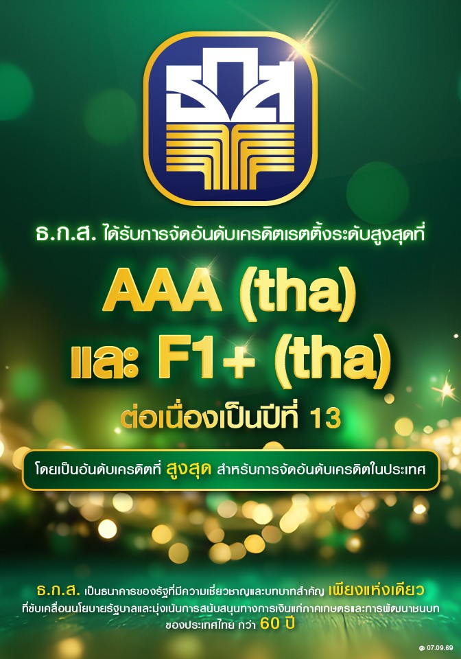 ธ.ก.ส. ได้รับการจัดอันดับเครดิตเรทติ้งส์ระดับสูงสุดที่ AAA(tha) และ F1+(tha) ต่อเนื่องเป็นปีที่ 13